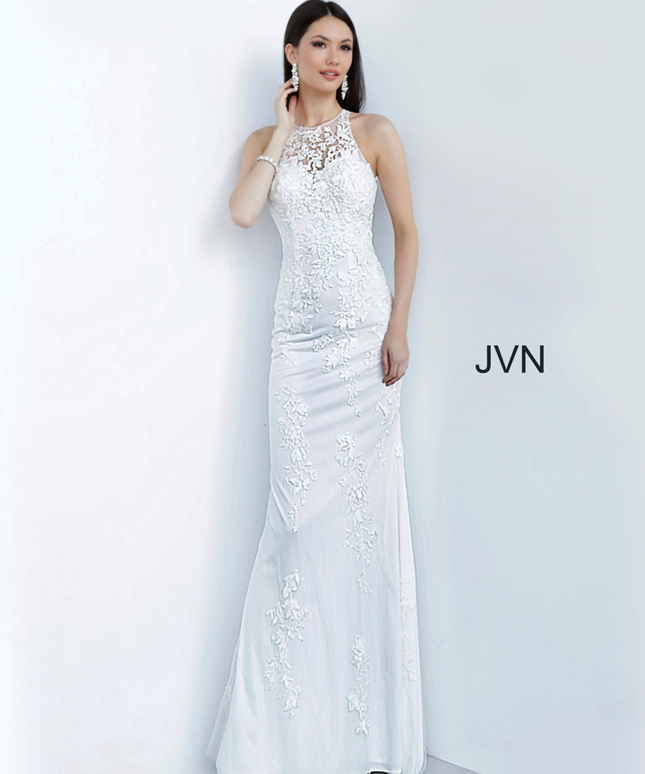 Jovani Prom JVN1289 Illusion Neck Embroidered Tulle Evening Dress