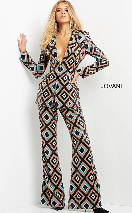 Jovani 07921 Plunging V-Neck Contemporary Two Piece Suit