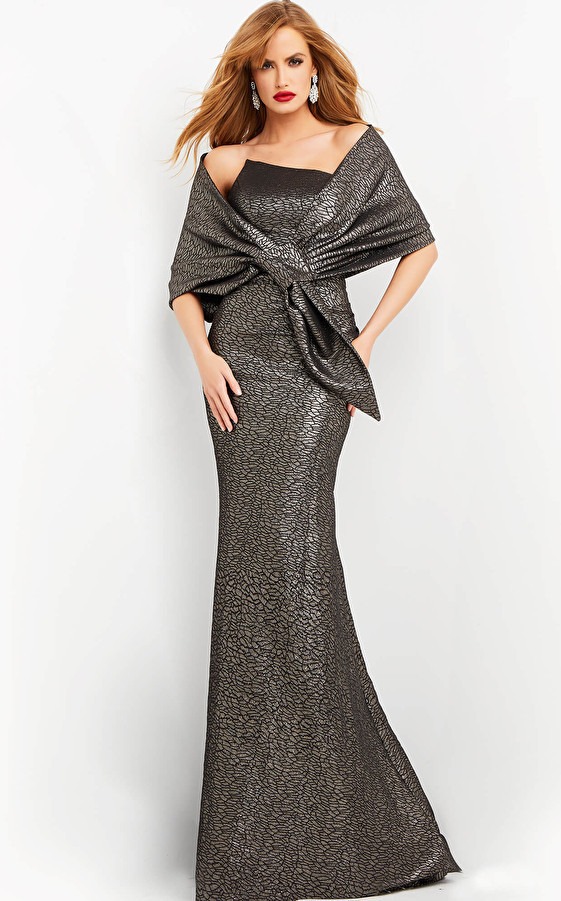 Jovani 06867 Asymmetric Neck Strapless Evening Dress w/ Wrap