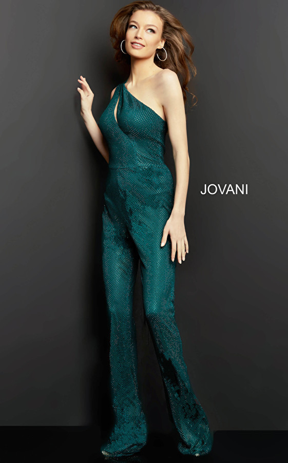 Jovani 09018 Embellished One Shoulder Contemporary Jumpsuit