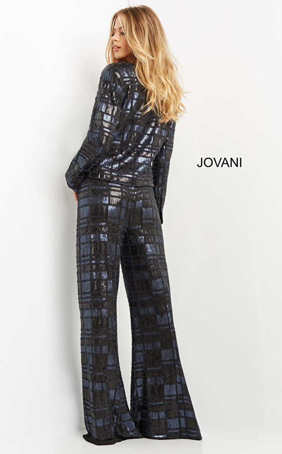 Jovani 07166 Deep V-Neck Embellished Long Sleeve Suit