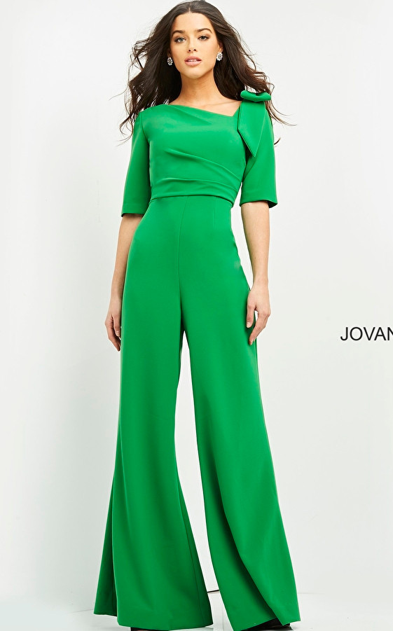 Jovani 04284 Elbow Length Sleeves Asymmetric Neck Jumpsuit