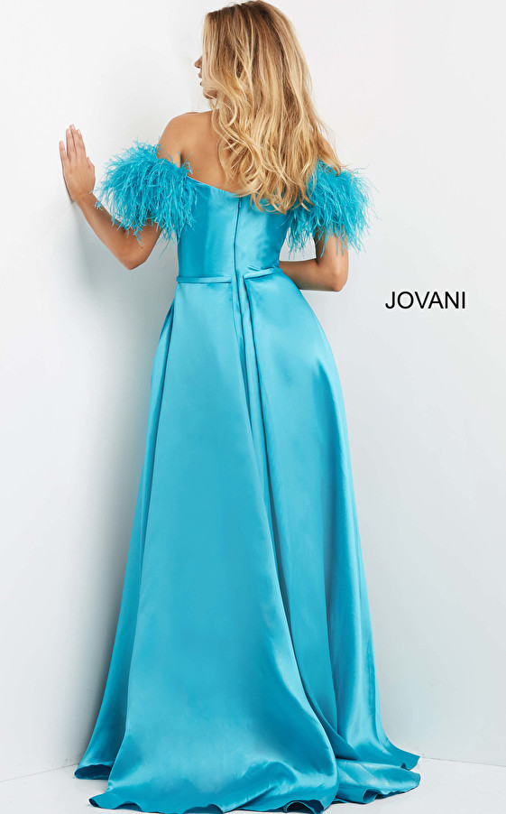 Jovani 08321 High Slit Feather Shoulders Long Evening Gown