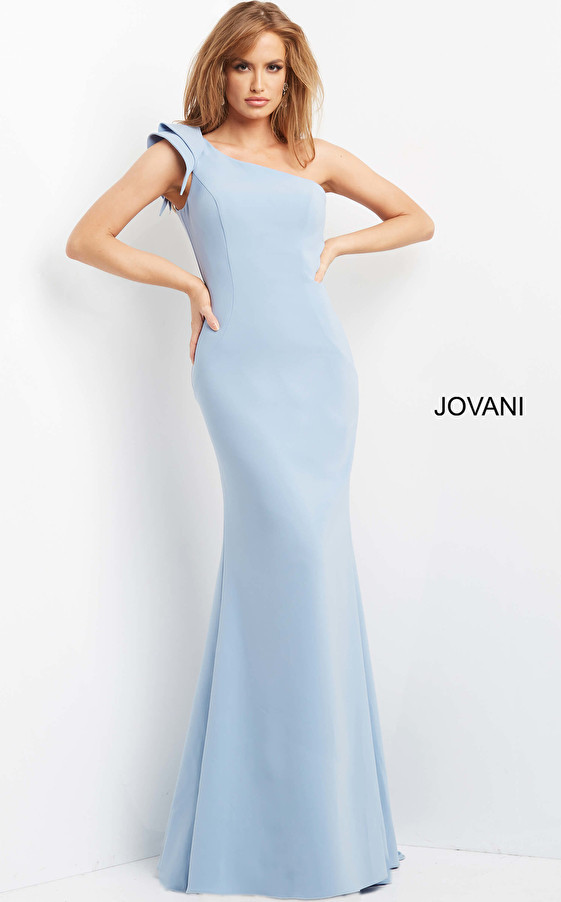 Jovani 06935 Ruffle Cap Sleeve One Shoulder Evening Dress