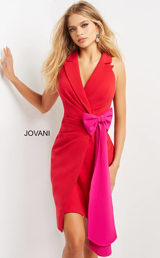 Jovani 07961 Notched Collar Pleated Knee Length V Neck Dress