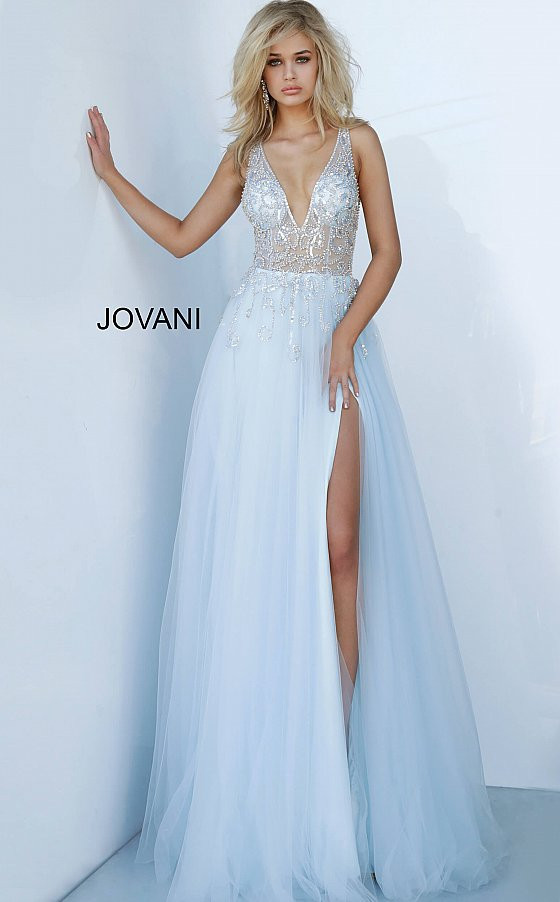 Jovani 4019 Tulle Embellished Sheer V-neck Prom Dress