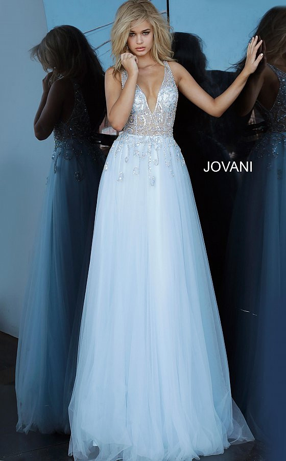 Jovani 4019 Tulle Embellished Sheer V-neck Prom Dress
