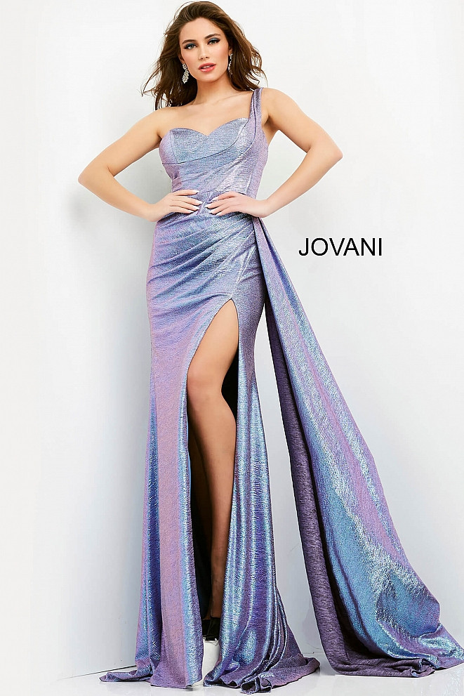 JVN by Jovani JVN04013 Metallic One Shoulder Sleeveless Gown