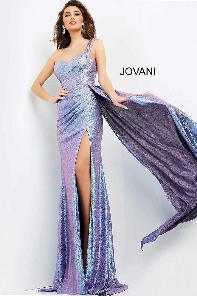 JVN by Jovani JVN04013 Metallic One Shoulder Sleeveless Gown