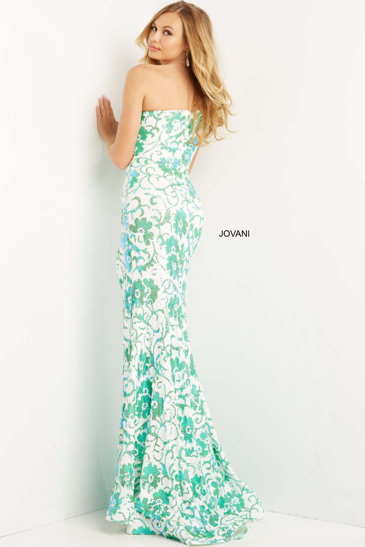 Jovani 08256 Floral Sequin Asymmetrical Sheath Long Gown