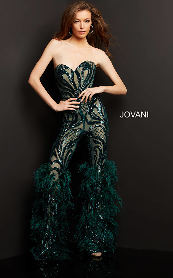 Jovani 05669 Strapless Sweetheart Feathered Long Jumpsuit