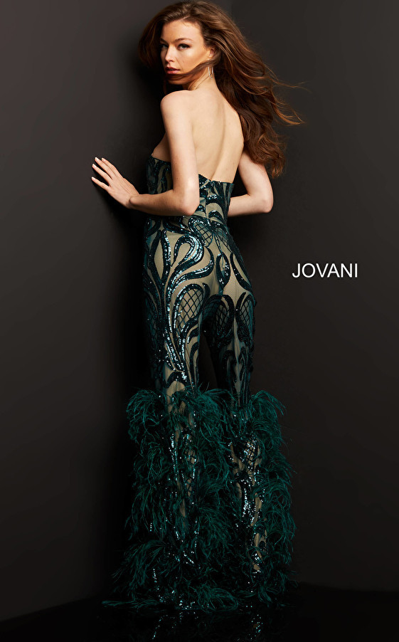 Jovani 05669 Strapless Sweetheart Feathered Long Jumpsuit