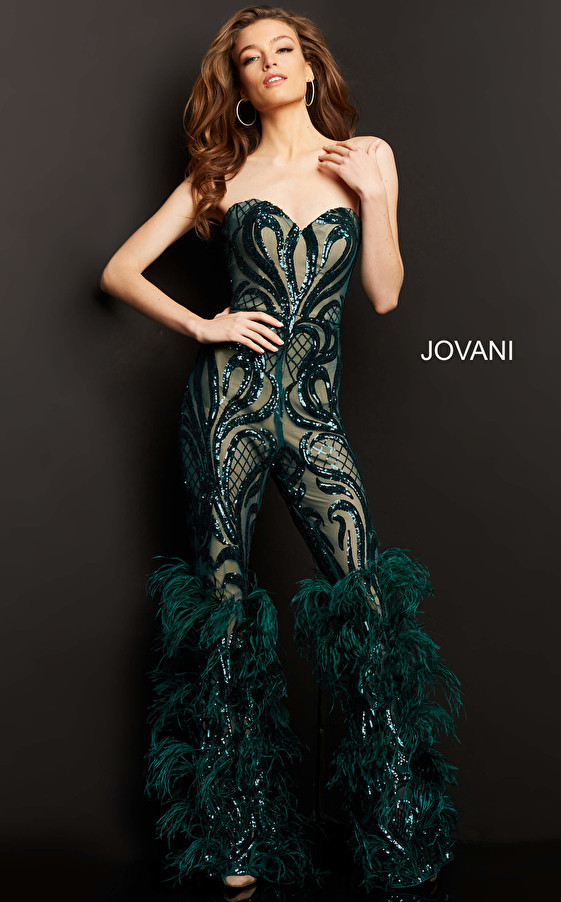 Jovani 05669 Strapless Sweetheart Feathered Long Jumpsuit