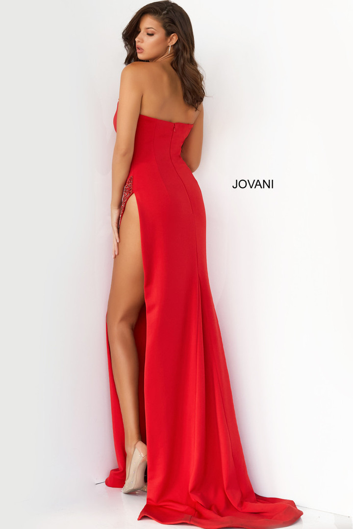 Jovani 07138 Strapless Embellished High Slit Sheath Gown