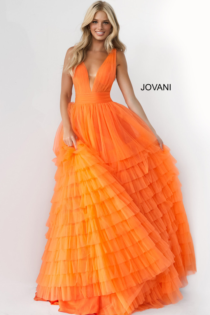 Jovani 07264 Sleeveless Shirr-ornate Tiered Tulle Long Gown