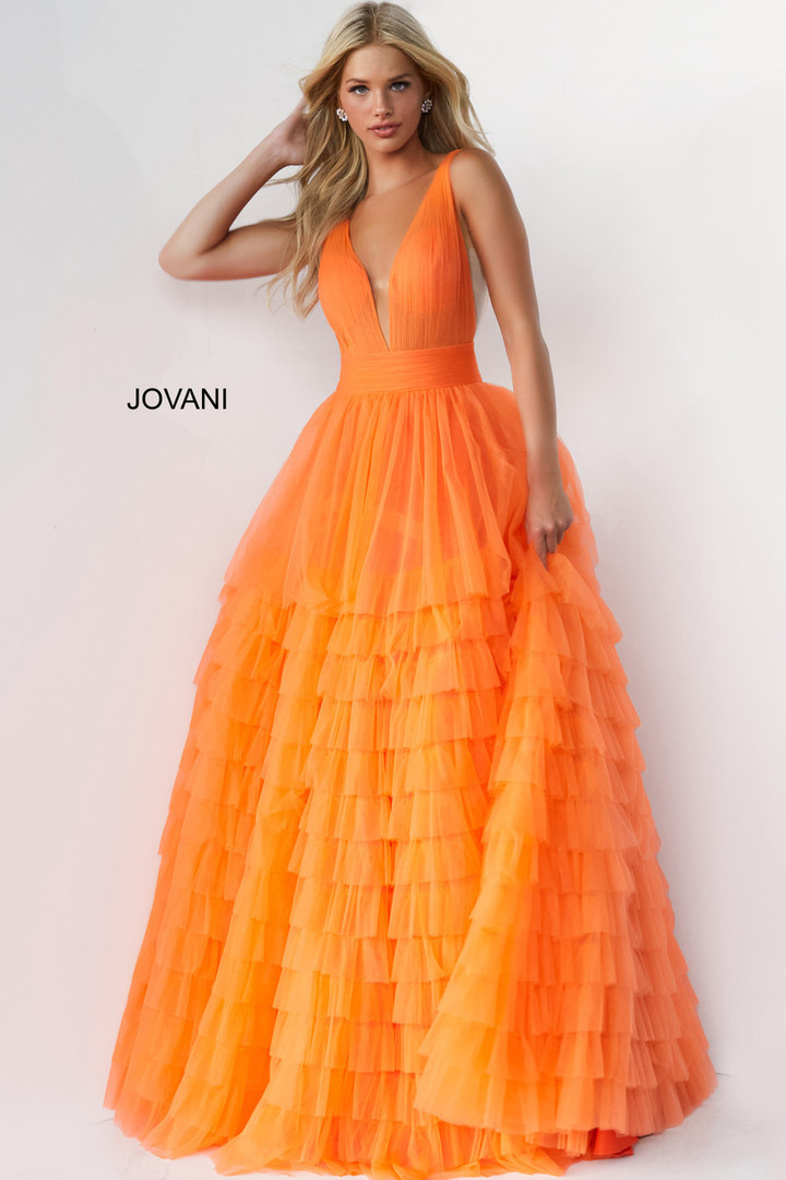 Jovani 07264 Sleeveless Shirr-ornate Tiered Tulle Long Gown