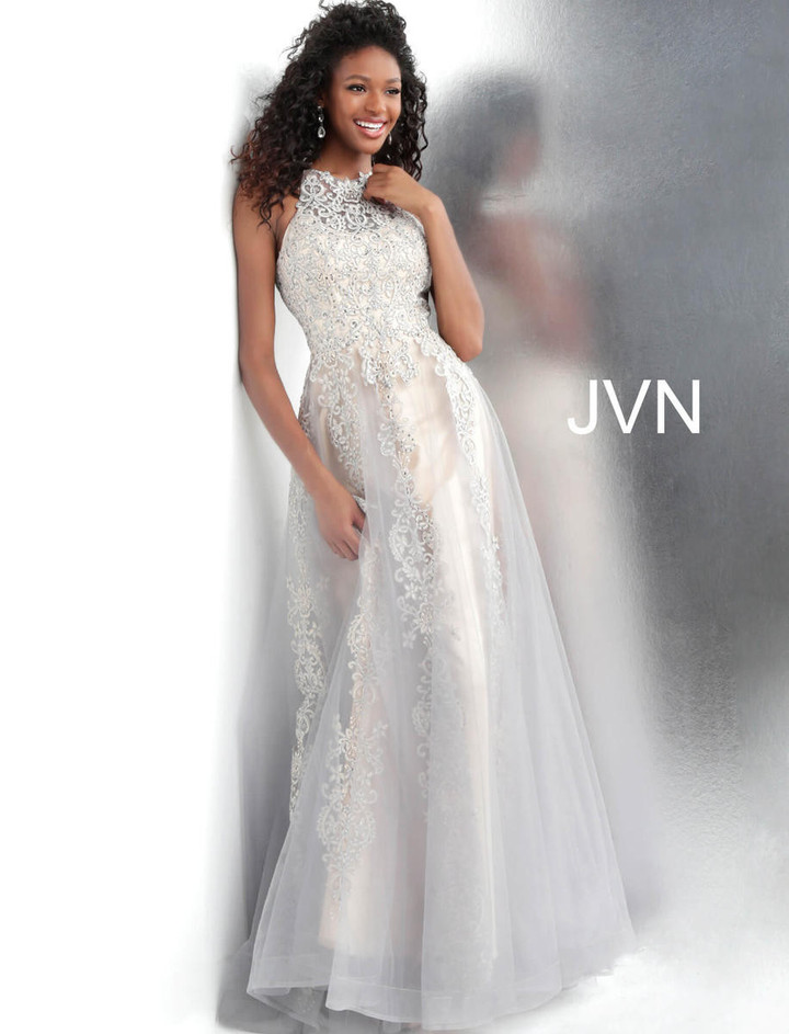 JVN by Jovani JVN64157 Sleeveless Embroidered Tulle Gown