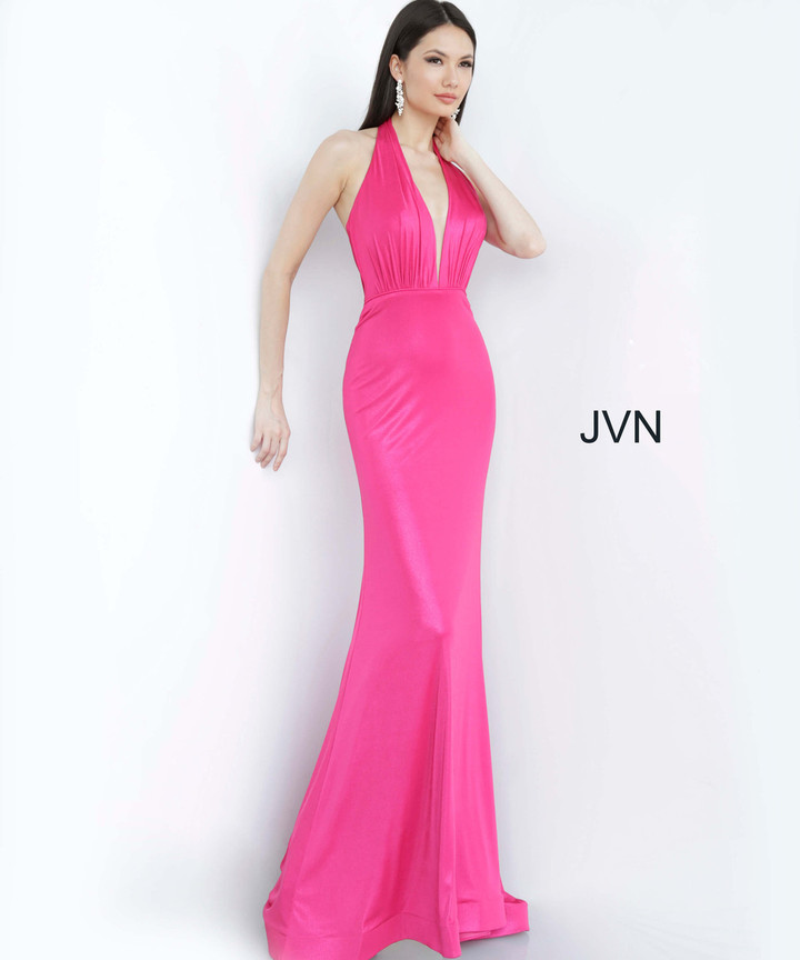 JVN by Jovani JVN02378 Ruched Plunging Halter Metallic Gown