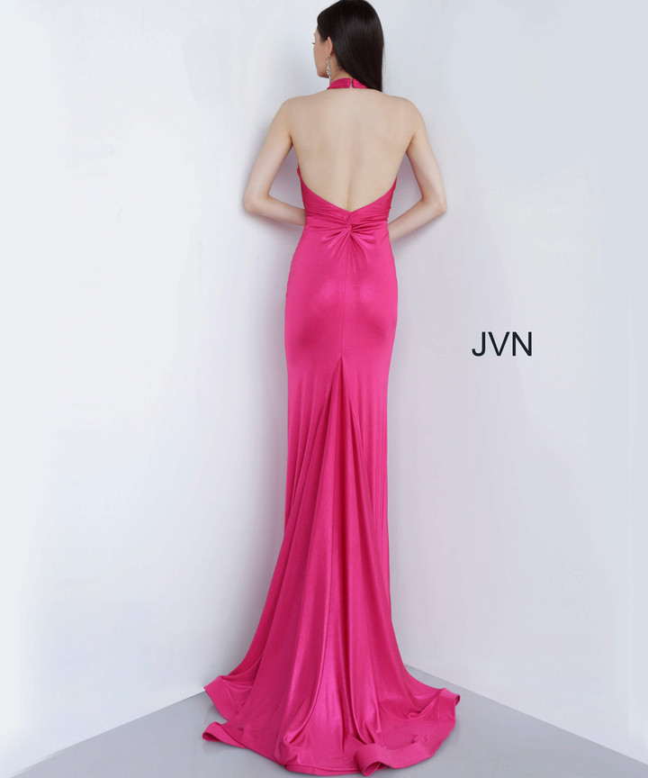 JVN by Jovani JVN02378 Ruched Plunging Halter Metallic Gown