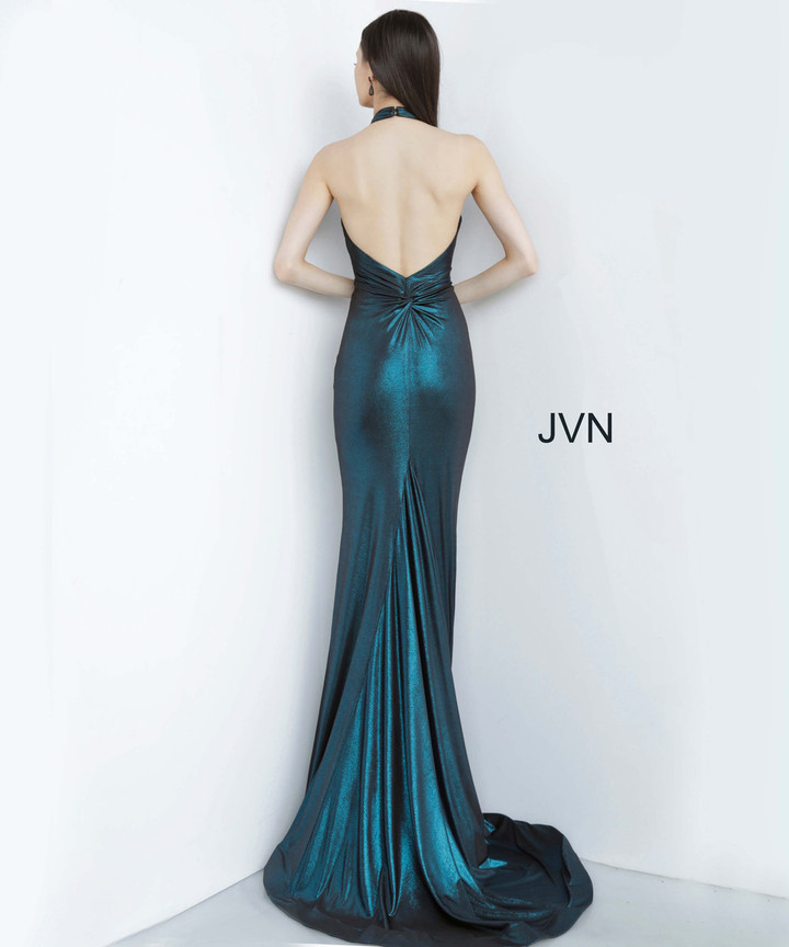JVN by Jovani JVN02378 Ruched Plunging Halter Metallic Gown