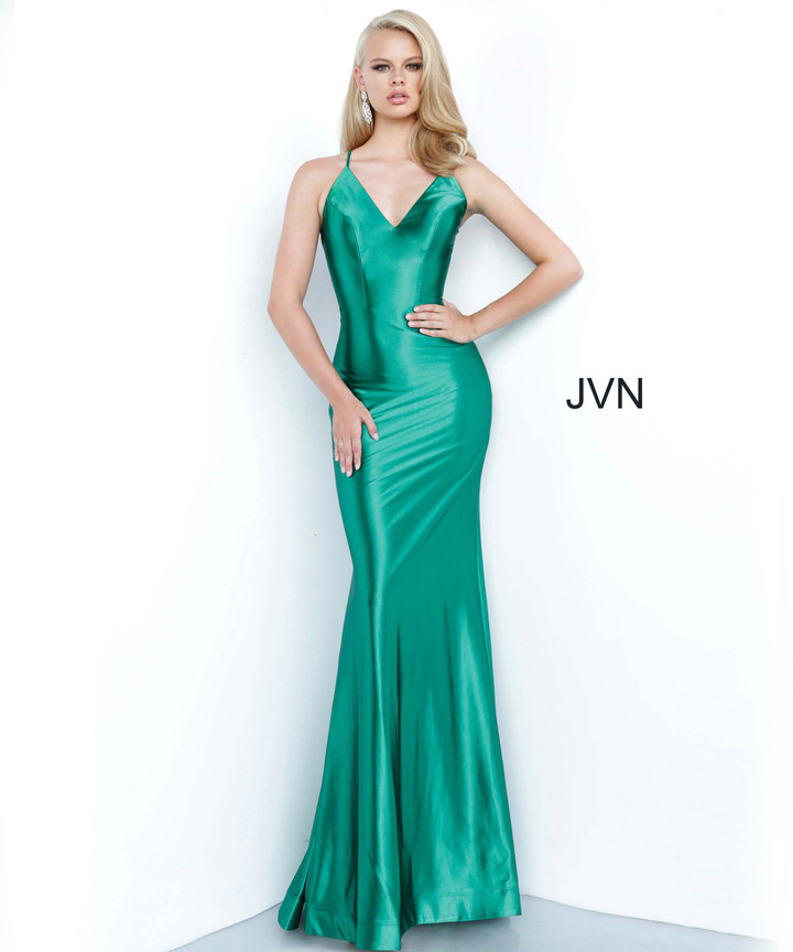 JVN by Jovani JVN02048 Long V-Neck Satin Mermaid Gown