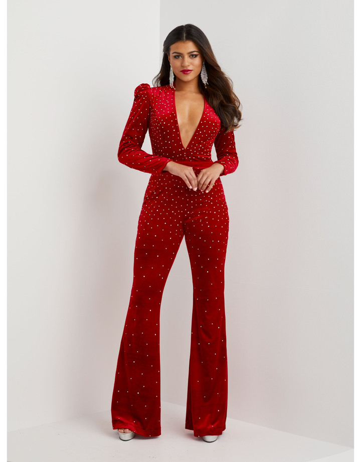 House of Wu 14125 Long Sleeve V-neck Long Panoply Jumpsuit