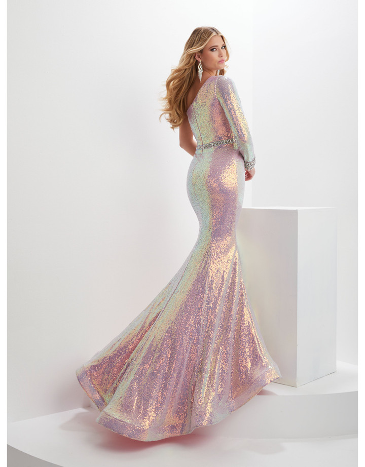 House of Wu 14136 Iridescent Sequin One Sleeve Panoply Gown