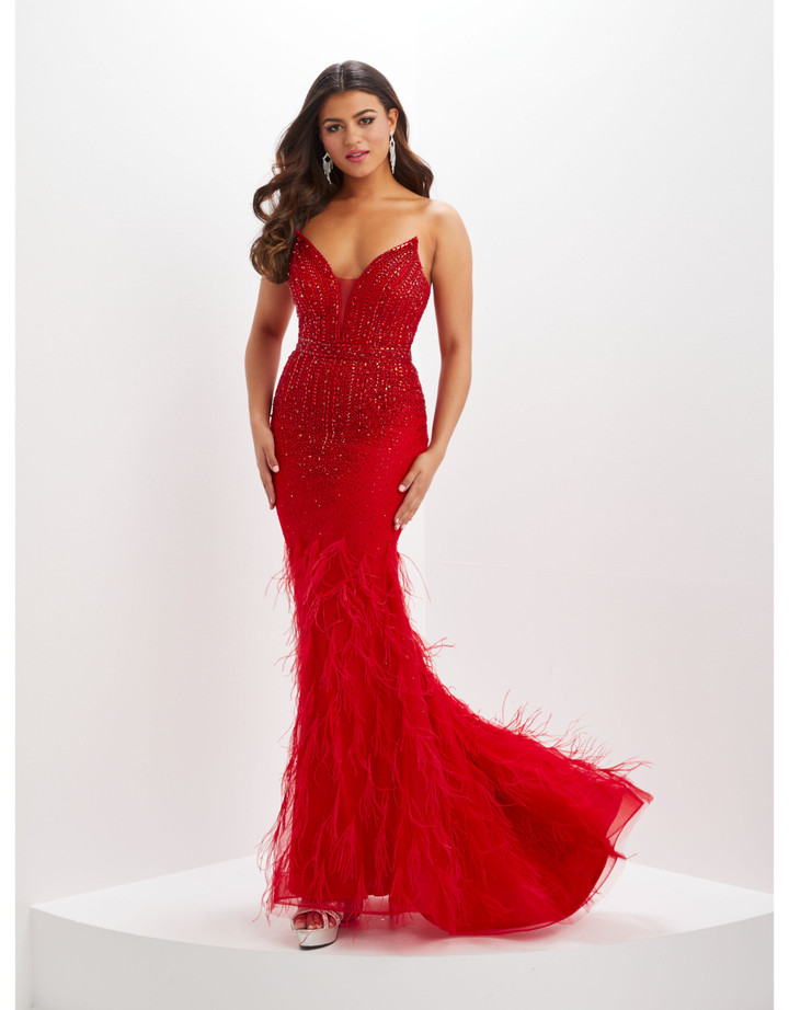 House of Wu 14152 Beaded Tulle Feather Trumpet Panoply Gown