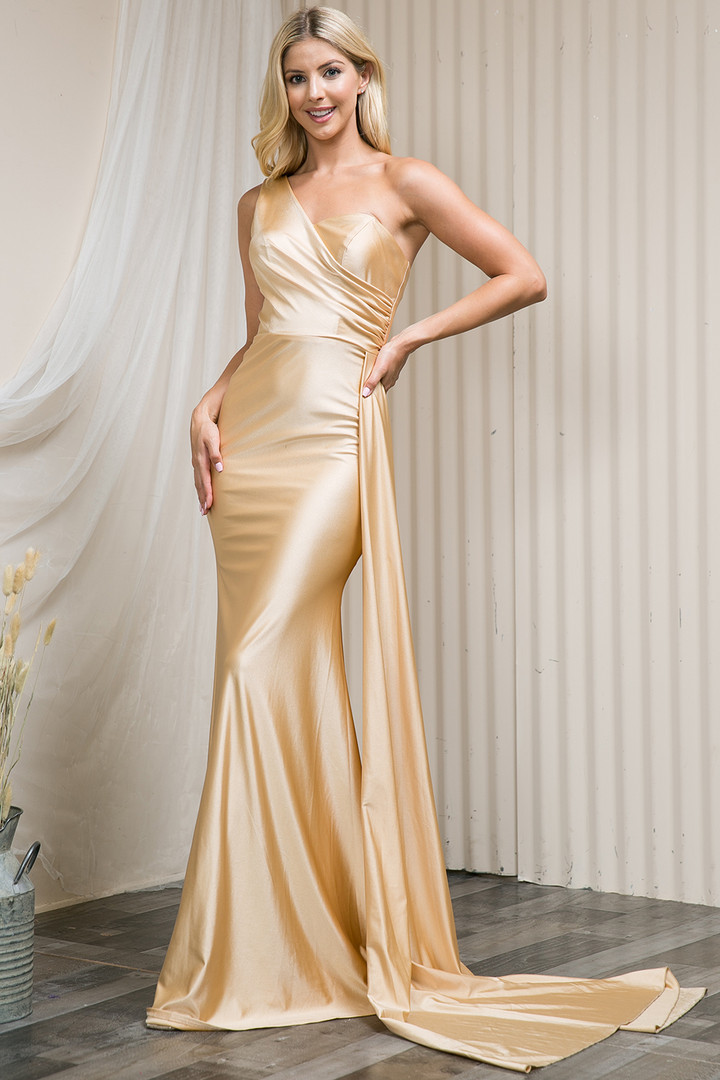 Amelia Couture 387 One Shoulder Satin Fitted Evening Dress