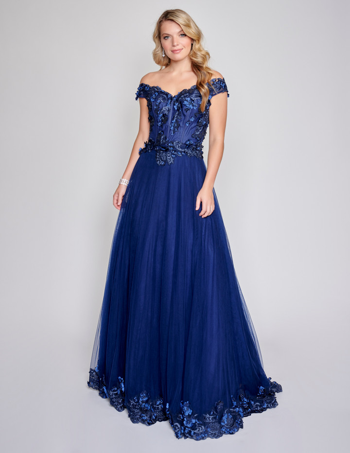 Nina Canacci 2369 Off-Shoulder Lace Hem Long Wedding Dress