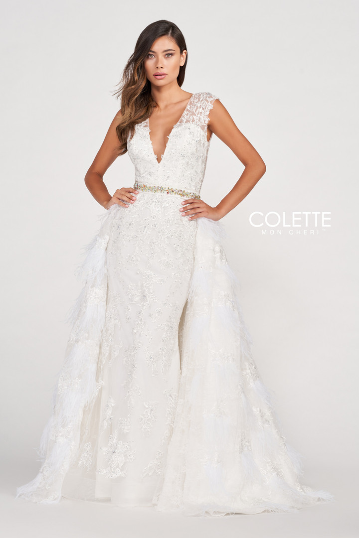 Colette by Daphne CL2096 Tulle Lace Feathers Prom Dress