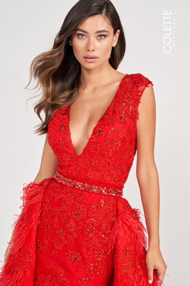 Colette by Daphne CL2096 Tulle Lace Feathers Prom Dress