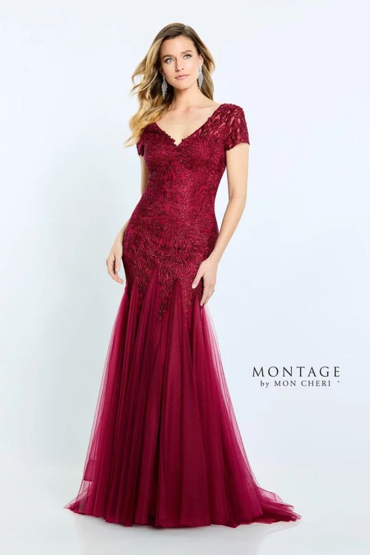 Montage by Mon Cheri M501 Lace and Tulle Short Sleeves Dress