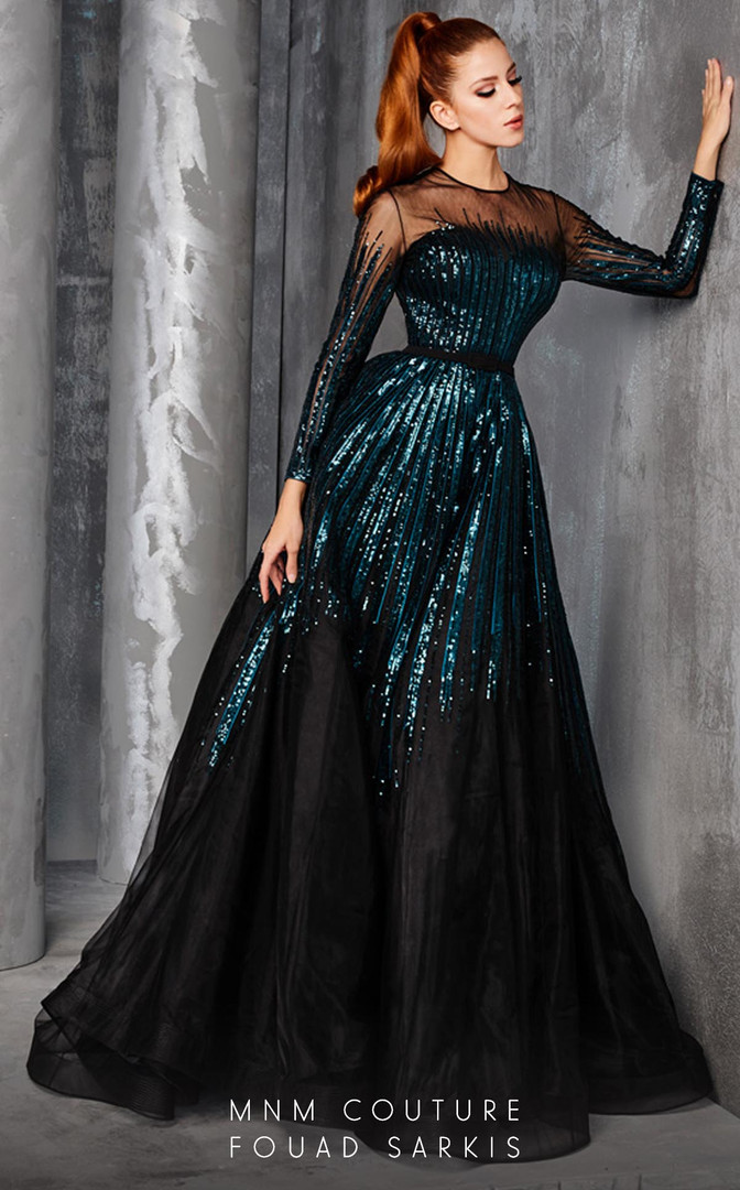 MNM Couture 2449A Crew Neck Sequin Tulle Train Ball Gown