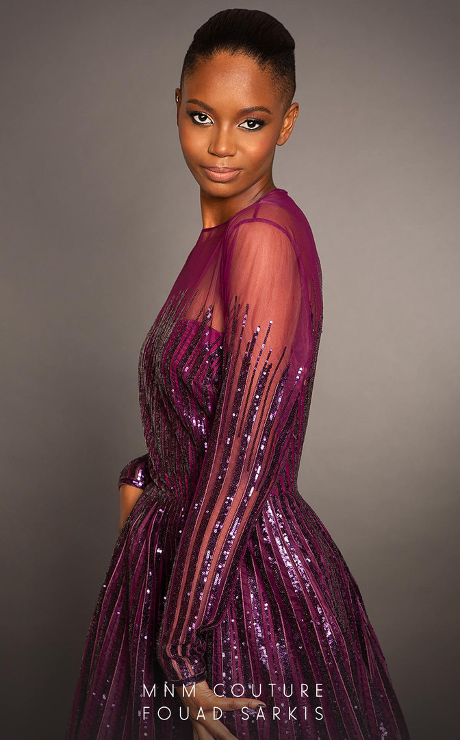 MNM Couture 2449A Crew Neck Sequin Tulle Train Ball Gown