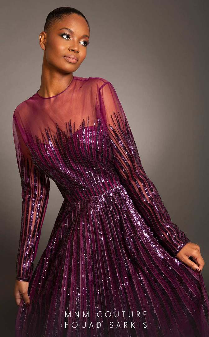 MNM Couture 2449A Crew Neck Sequin Tulle Train Ball Gown