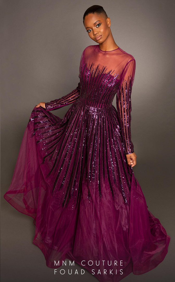 MNM Couture 2449A Crew Neck Sequin Tulle Train Ball Gown