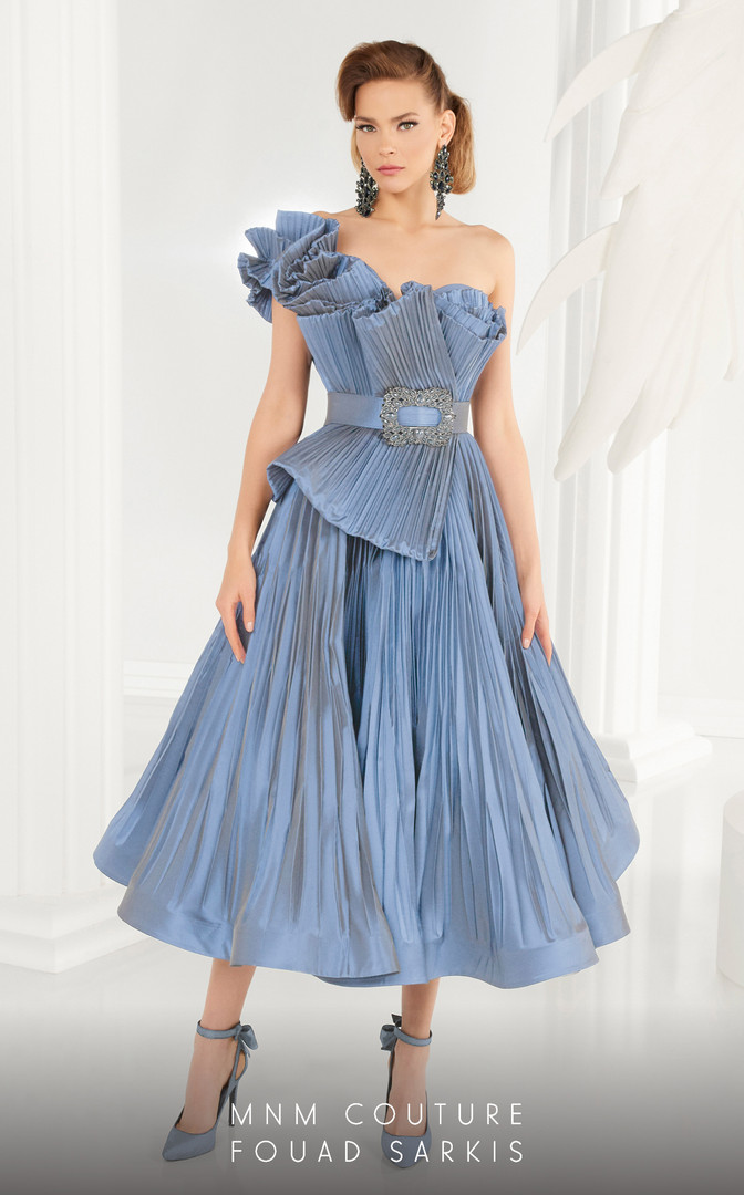 MNM Couture 2565 Taffeta Strapless One Shoulder Long Dress