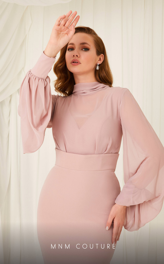 MNM Couture 2637B Sequin Collar Bishop Sleeves Long Gown