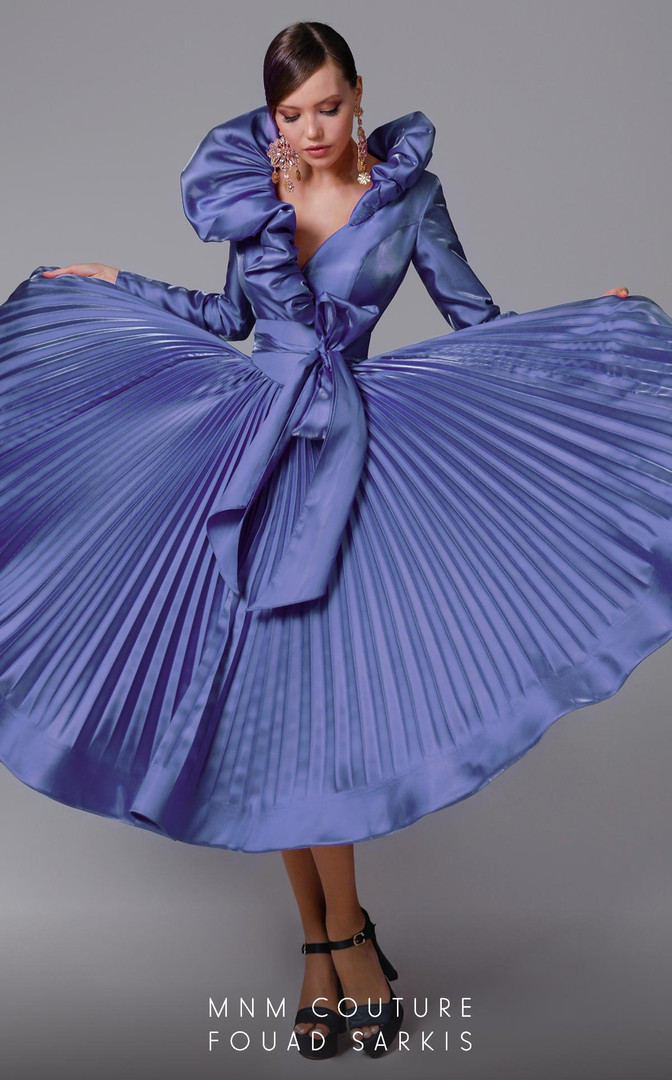 MNM Couture 2696 Silk Stand Collar Neck Tea Length Dress