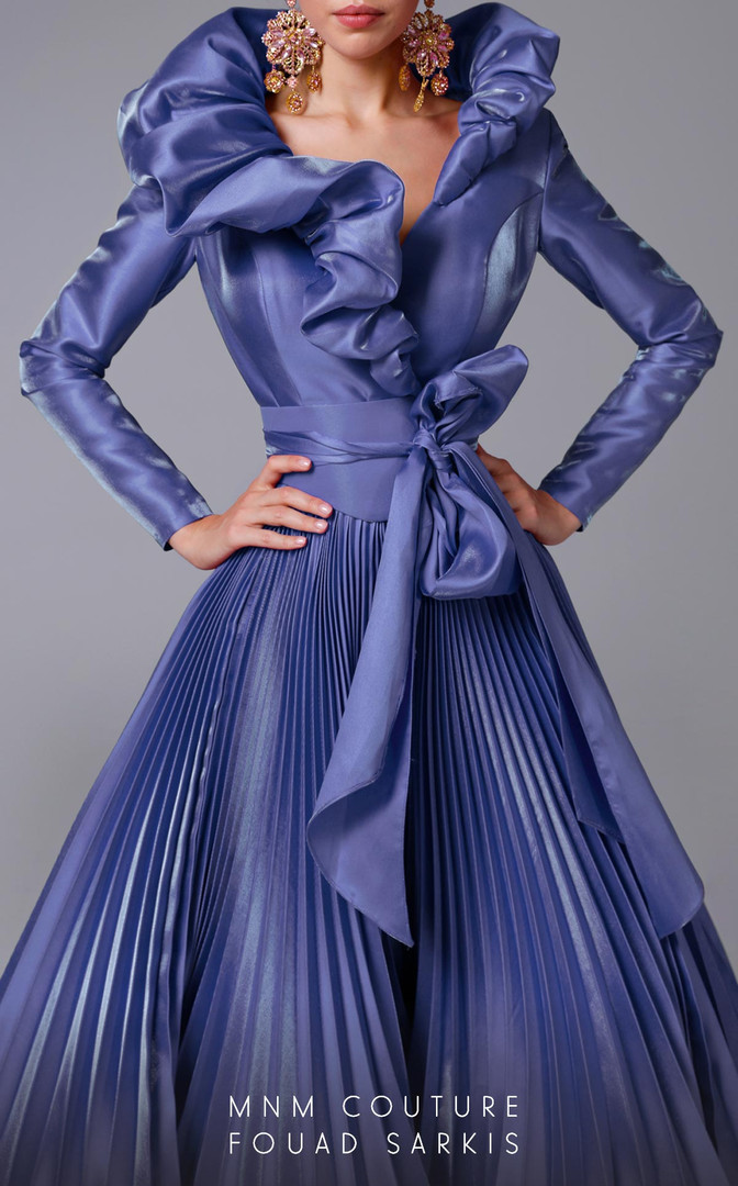 MNM Couture 2696 Silk Stand Collar Neck Tea Length Dress