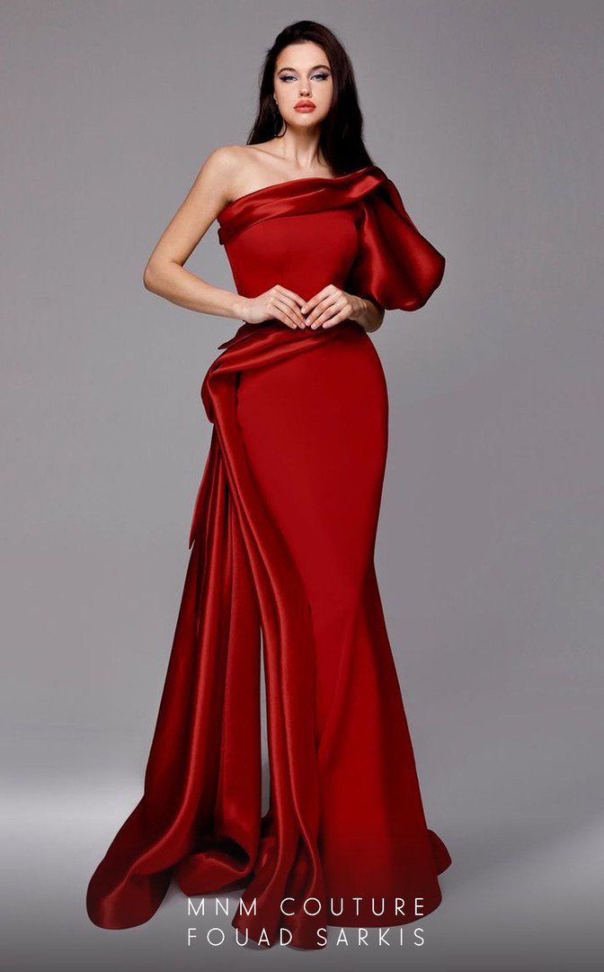 MNM Couture 2722 Satin One Puff Sleeve One Shoulder Dress