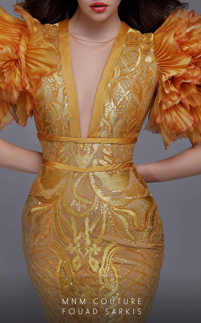 MNM Couture 2732 Lace Illusion Neck Ruffle Sleeve Long Dress