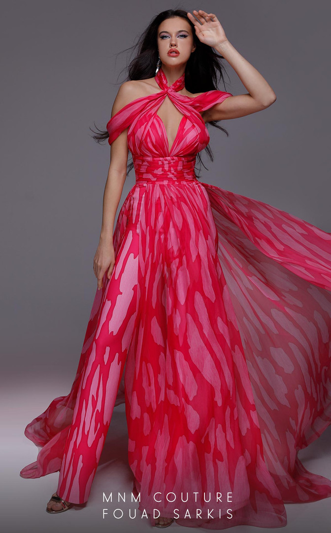 MNM Couture 2734 Chiffon Off-Shoulder High Neck Jumpsuit