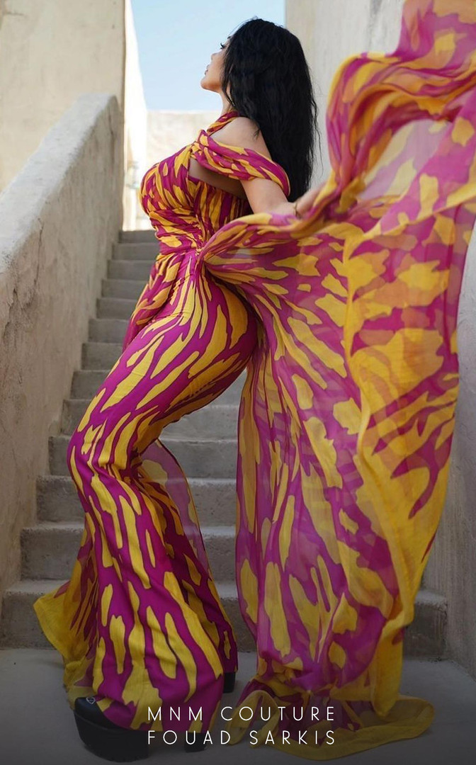 MNM Couture 2734 Chiffon Off-Shoulder High Neck Jumpsuit