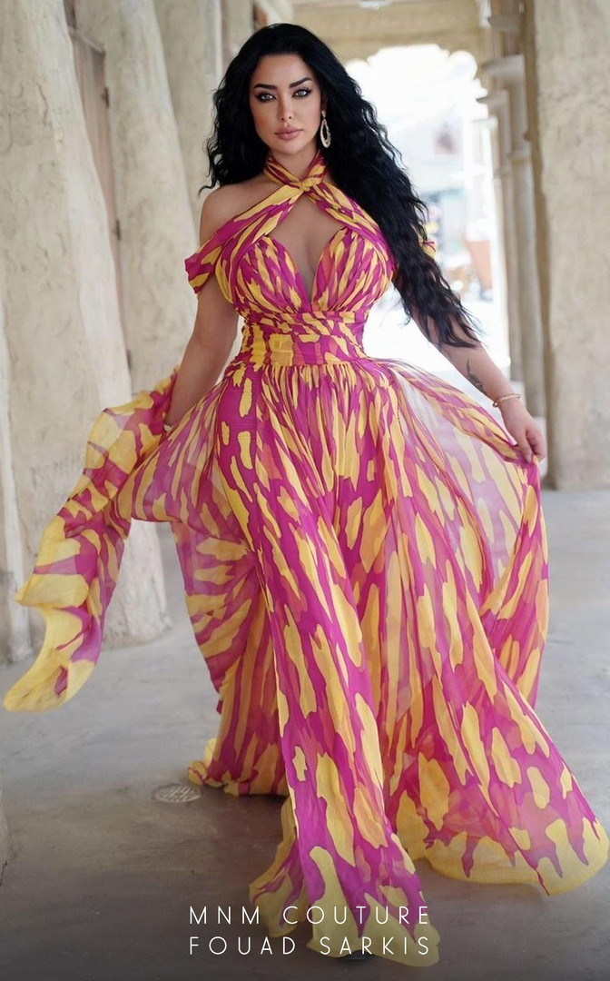 MNM Couture 2734 Chiffon Off-Shoulder High Neck Jumpsuit