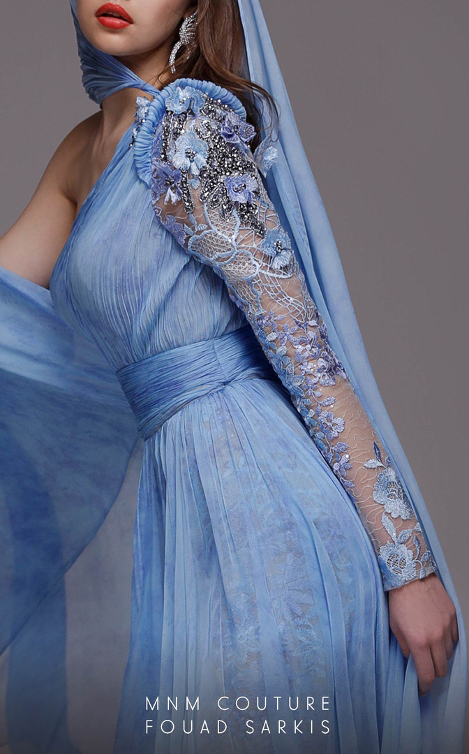 MNM Couture 2740 Chiffon Beaded Ruched One Sleeve Jumpsuit