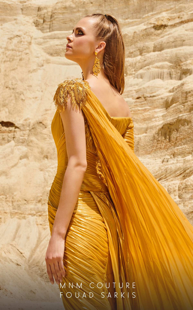 MNM Couture 2744 Organza V-Neck Cape One Shoulder Long Dress