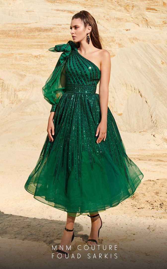 MNM Couture 2745 Tulle Beaded One Shoulder A-Line Long Dress