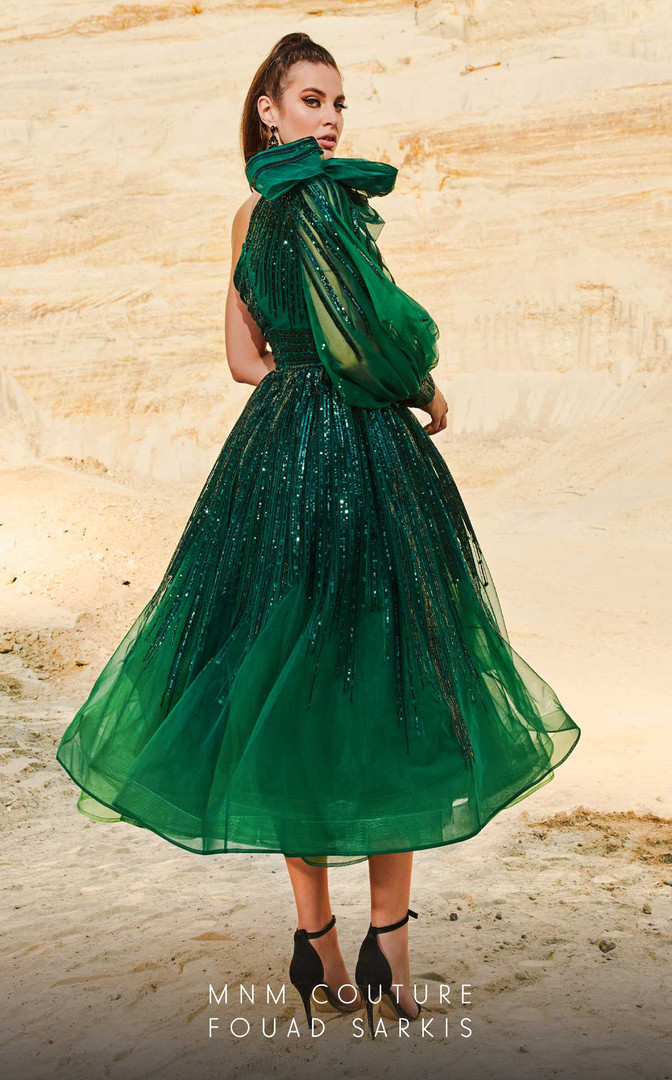 MNM Couture 2745 Tulle Beaded One Shoulder A-Line Long Dress